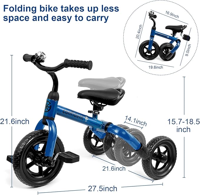 XPIY Tricycle for Toddlers Age 2-5 Years Old, 3 in 1 Folding Toddler Bike for Boys and Girls, Kids' Bike Trike with Detachable Pedal and Adjustable Seat (Blue)