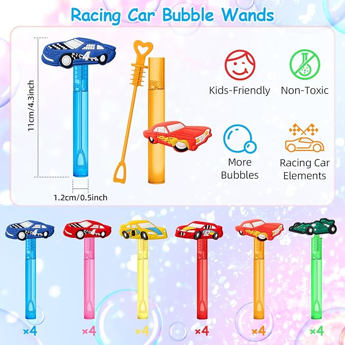 AMFZON 24Pcs Race Car Party Favors Bubble Wands for Kids, Racecar Wheels Mini Bubbles Wand Toys, Two Fast Birthday Party Supplies Goodie Gift Bag Stuffers Pinata Classroom Prizes