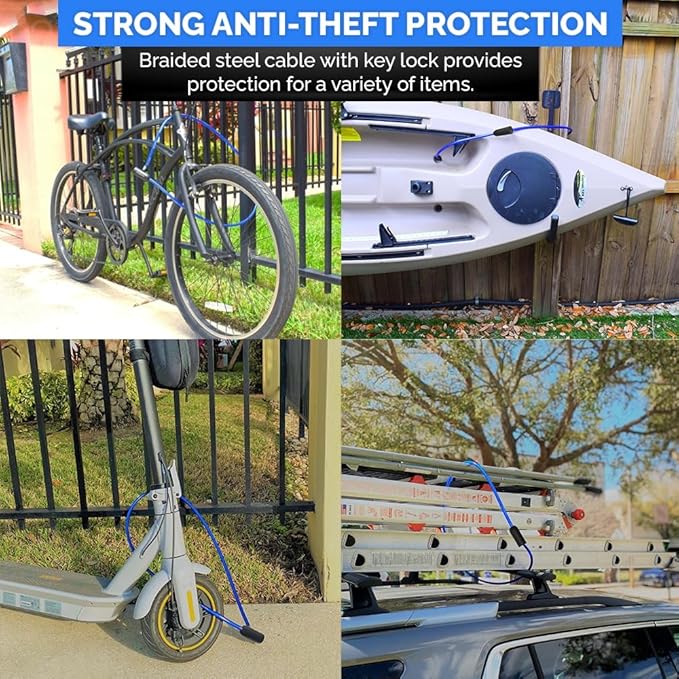Weatherproof Security Cable Lock with Keys (5ft to 25ft Lengths) Anti-Theft for Kayak, Bike, Paddleboard, Scooter, Equipment, Bicycle
