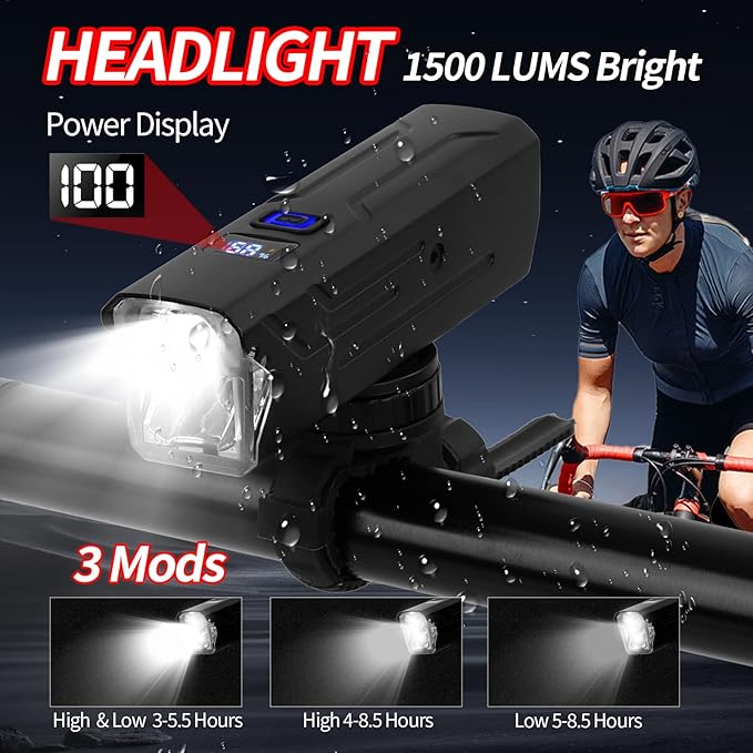 1500 Lumens Supper Bright Bike Lights for Night Riding, LCD Battery Indicator, 3000mAh,IP65 Waterproof & USB-C Rechargeable Bike Headlight, Aluminum Body for Urban/MTB Night Riding