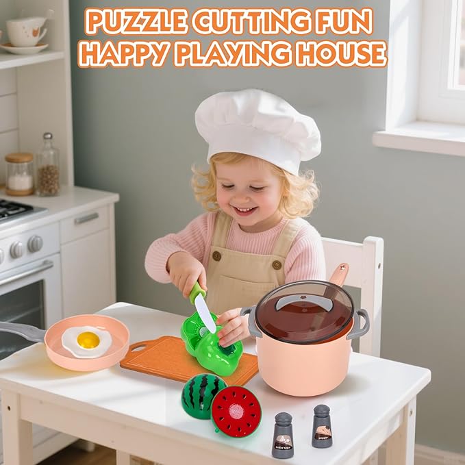 90Pcs Kitchen Playset Accessories, Pretend Cooking with Pots, Pans, Cookware, Food, Fruit, Veges, Color Sorting Baskets, Prop Money, Learning Gift for Girls Boys Toddlers (Pink)