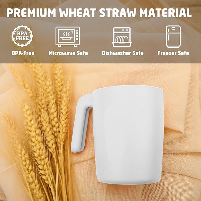 Wheat Straw Cups 16 OZ, Unbreakable Coffee Mugs Set of 6, Alternatives to Plastic Drinking Cups Reusable, Dishwasher Safe Tea Cups for Kitchen, Camping, Farmhouse - White