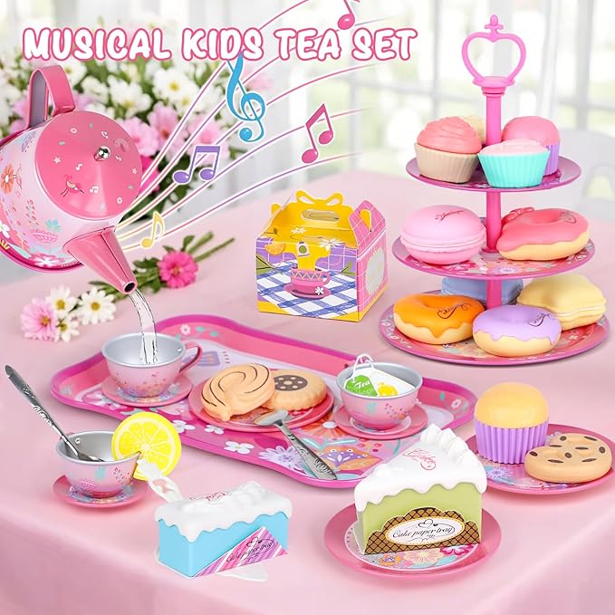 Tea Party Set for Toddles 3-5,PRE-WORLD Musical Kids Tea Set for Little Girls with Dessert,Cookies,Doughnut,Cake,Cake Stand,Tablecloth & Carrying Case,Kitchen Pretend Play Toys for Girls Boys Age 3-6