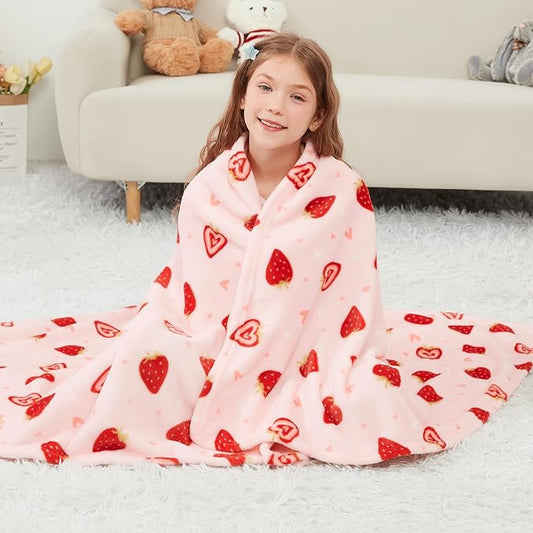Viviland Kids Throw Blanket, Pink Strawberry Blankets for Toddler, Soft Warm Lightweight Plush Throw Blanket Fleece Blanket for Sofa Chair Couch Bed for Kids, 50" x 60"