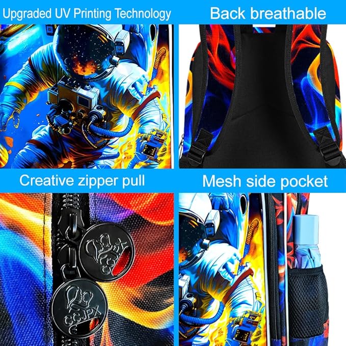 3Pcs Space Backpack for Boy, 17" Fire Bookbag for Elementary Preschool Kindergarten, Kids School Backpacks with Lunch Box (Red)
