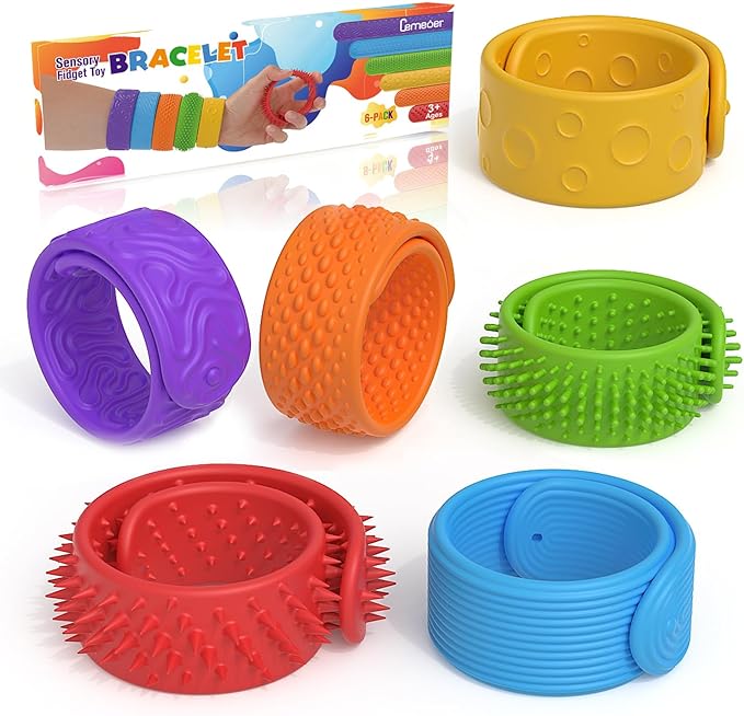 Sensory Fidget Toys for Kids, 6 Pack Textured Silicone Slap Bracelets, Stress Fidgets Toy for Classroom Anxiety Autism ADHD, Sensory Toys for Adults Office Desk, Travel, Airplane.