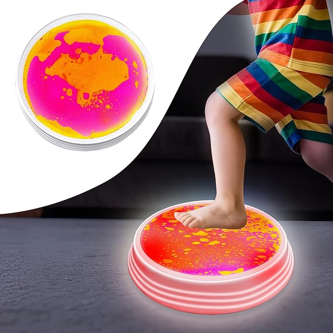 Light Up Liquid Stepping Stones - 1 Round Yellow-Pink Liquid Stepping Stone with 7 Glowing Colors, Indoor Obstacle Training Balancing Stepping Stone Toy for Kids Ages 3 4 5 6 and Up.