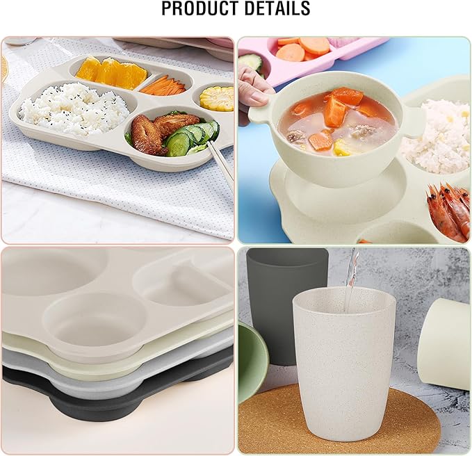 shopwithgreen Kids Toddlers Plates and Bowls Sets, 20 PCS Wheat Straw Dinnerware Cutlery Set, Unbreakable Tableware Divided Plate Spoon Knife Cup, Reusable Utensils Set for Kitchen Picnic School