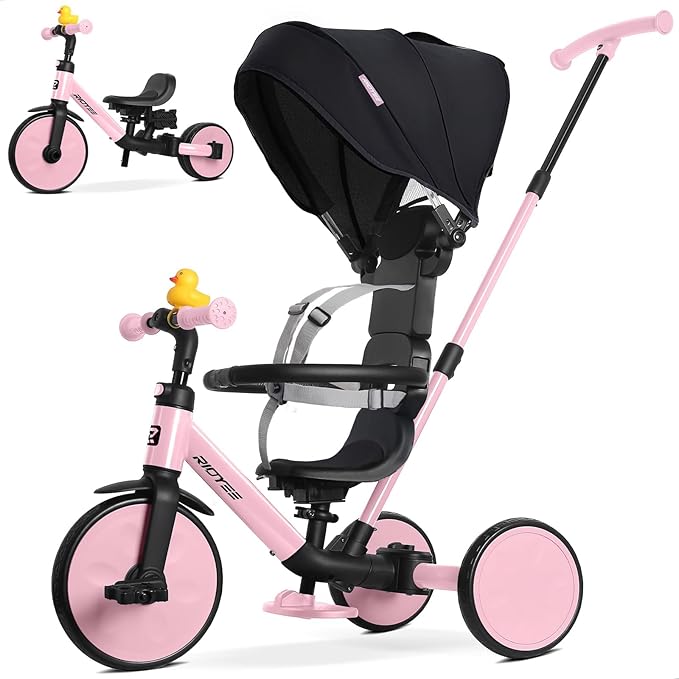 8-in-1 Tricycle for 1.5-5 Years, Tool-Free Switch, Toddler Tricycle with Parent Steering Control Handle for 1.5 to 5 Yrs, Toddler Trike 1.5-3 Years with 5-Point Harness and Large Canopy, Pink