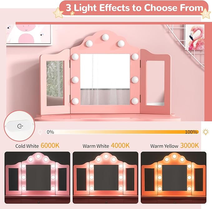 AKUSTIK Kids Vanity with Lights, 2 in 1 Wooden Dressing Table and Chair Set with Tri-Folding Mirror, Stool, Storage Drawer, Toddlers Pretend Princess Beauty Playset Toy Gift for Little Girls