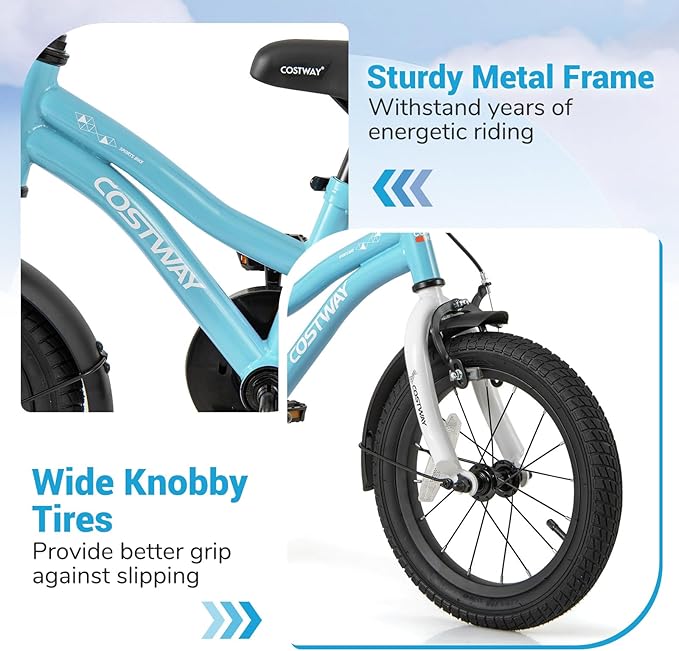 COSTWAY 12/14/16/18 Inch Kids Bike, Children Toddler Bicycle with Training Wheels, Adjustable Seat & Handlebar, Handbrake & Coaster Brake, Reflectors, Bell, Suitable for 3-8 Years Old Boys Girls