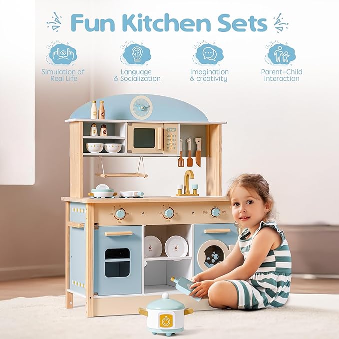 ROBUD Wooden Play Kitchen Set for Kids Toddlers, Toy Kitchen Gift for Boys Girls, Age 3+
