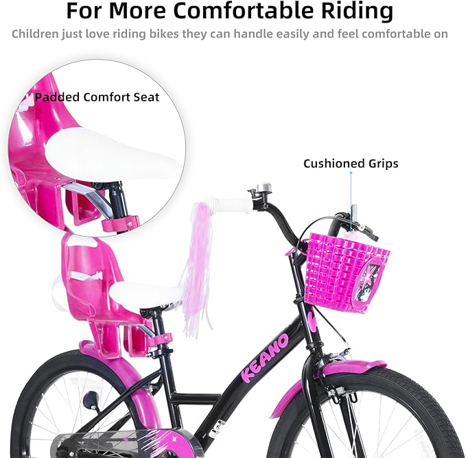 KEANO Zinnia 14 16 20 Inch Kids Bike for Girls Ages 3-10 Years, Girls' Bikes with Training Wheels, Streamers, Basket and Doll Seat, Children Bicycles