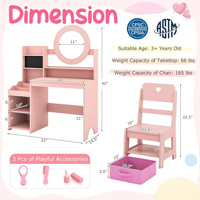 Costzon Kids Vanity, Girls Vanity Set with Mirror and Lights, Jewelry Storage, Shelves, Princess Toddler Makeup Vanity Desk Dressing Table, Wooden Kids Vanity Table and Chair Set (Pink)