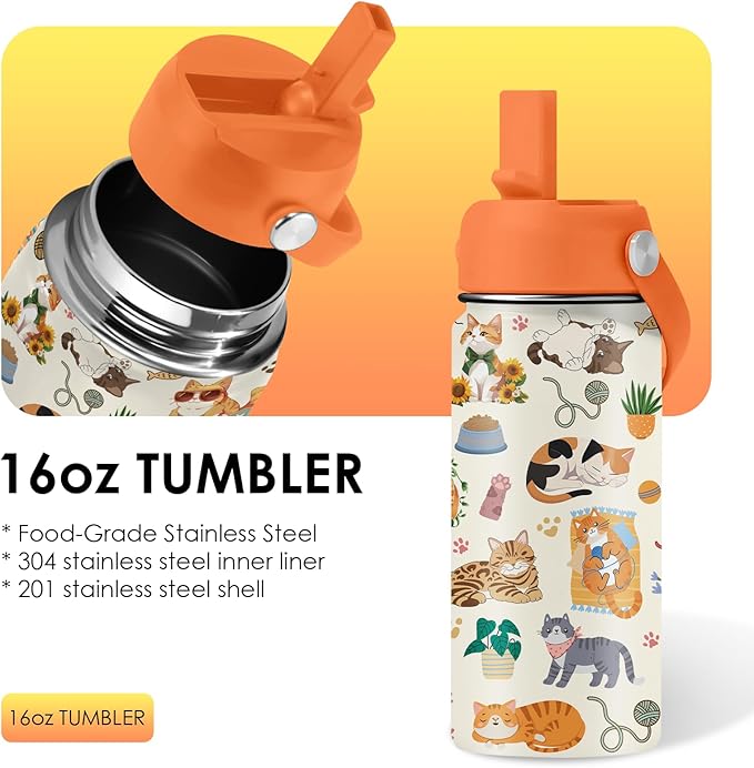 Cat Gifts for Kids - 16 Oz Orange Cat Water Bottle with Straw Lid, Stainless Steel Insulated Tumbler, Leak Proof, for Boys & Girls, School, Travel - Funny Cats Lovers Children Birthday Gifts Cups(1pc)