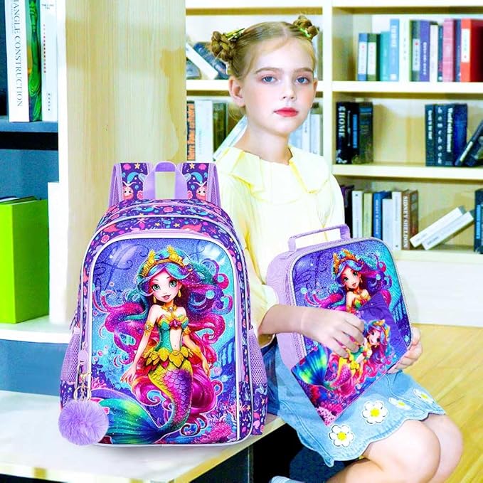 CCJPX 3PCS Kids Backpack for Girls, 16”Mermaid Sequin Preschool Bookbag Set, Cute Water Resistant School Bag for Elementary Kindergarten Toddler