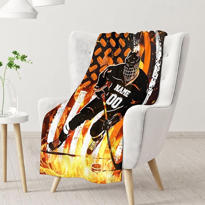 Personalized Ice Hockey Blankets for Boys Men, Cool Throw Blanket for Adults Ice Hockey Lovers, Custom Name 60x80 Soft Throws for Couch Sofa