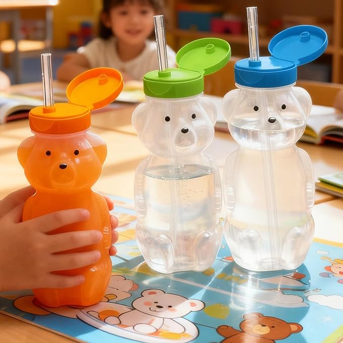 Bear Cup with Straw | 230Ml Water Bottle with Lid | Transparent Cute Leakproof Bear Coffee Cup - for Women Kids Girls Iced Coffee Milk Tea Drinks