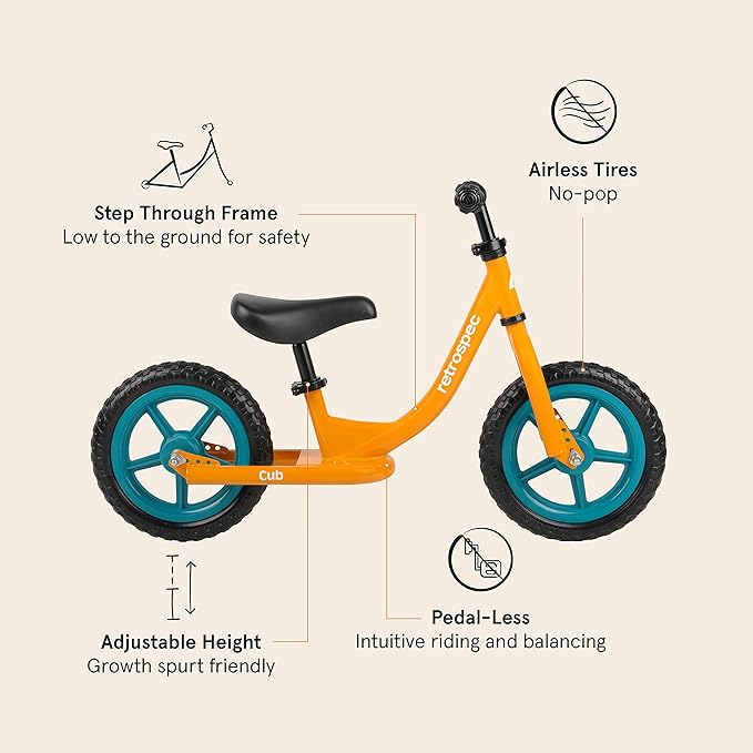 Retrospec Cub Toddler Balance Bike for Ages 18 Months - 3 Years - 12in No-Pedal Beginner Bicycle with Adjustable Seat, Puncture-Proof Tires & Safe Low Frame Design