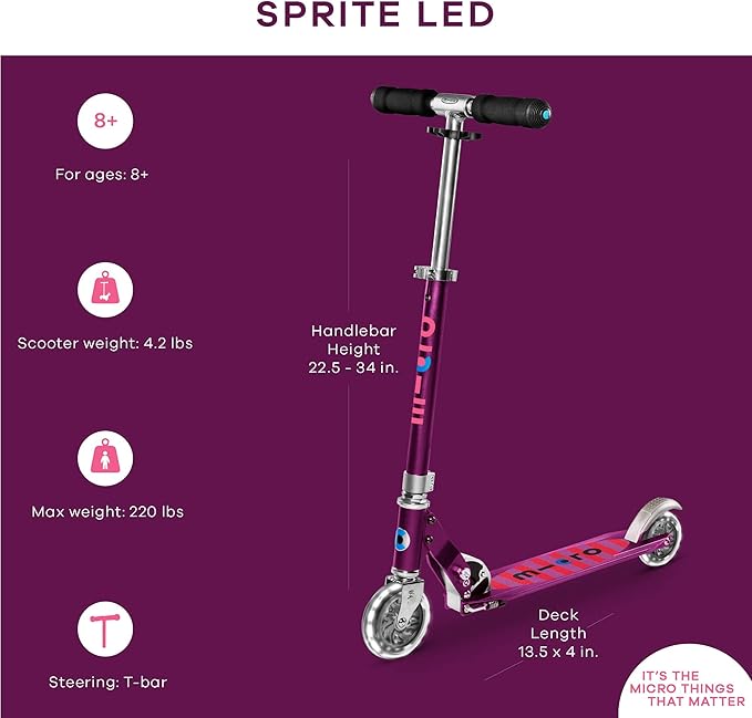 Micro Kickboard | Sprite LED | 2 Wheeled | Fold-to-Carry | Lightweight Swiss-Designed Micro Scooter | Light-Up Wheels| Children and Teens, Ages 6+
