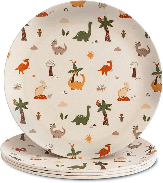 Nook Theory 4 Pack Reusable Bamboo Plates - Non-Toxic Toddler and Kids Plate, Dishwasher Safe, Not Microwavable Dinnerware (Dino 8")