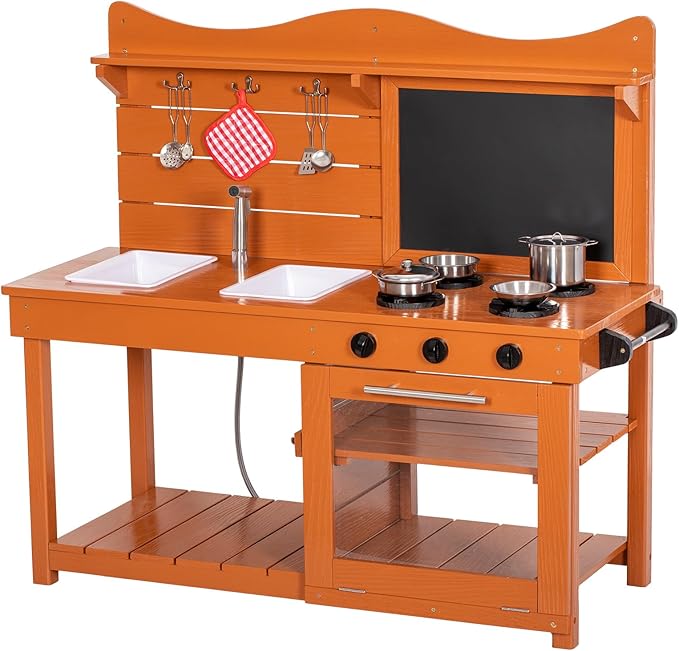 Kitchen Playset for Kids, Outdoor Wooden Mud Kitchen Set w/2 Removable Sinks & Spray Pipe, Backyard Garden Toddler Pretend Play Kitchen w/Blackboard, Kitchenware, Stove, Gift for Boys Girls
