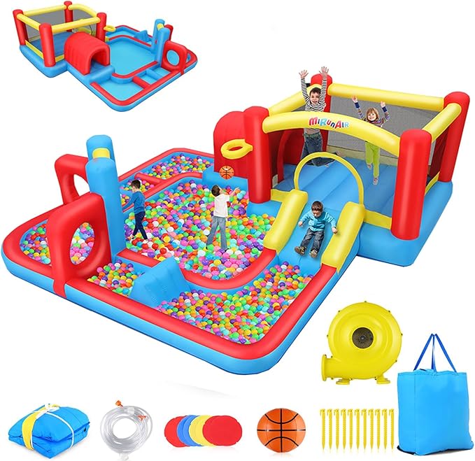 AKEYDIY Bounce House for Kids 3-10,Tunnel Obstacle, Dual Slides- Inflatable Obstacle Course Bounce House,Adventure Maze Inflatable Water Slides Park for Kids Indoor Backyard