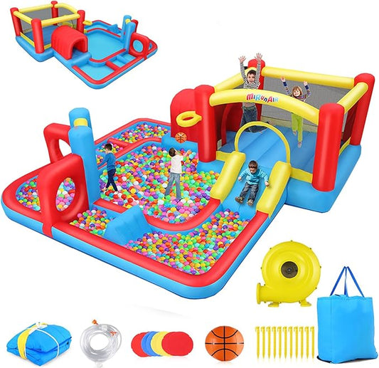 AKEYDIY Bounce House for Kids 3-10,Tunnel Obstacle, Dual Slides- Inflatable Obstacle Course Bounce House,Adventure Maze Inflatable Water Slides Park for Kids Indoor Backyard