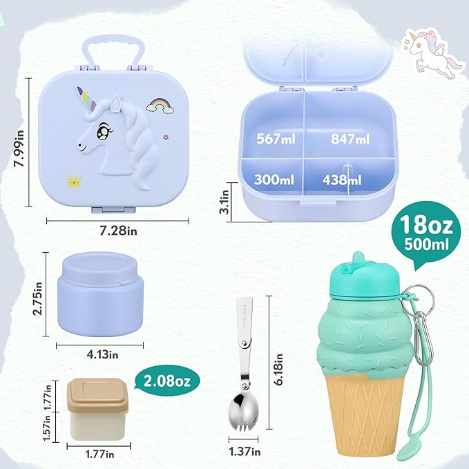 Kids Lunch Box Set -12oz Insulated Food Jar, Thermal Bag,Leakproof Lunch Food Containers Cutlery (BPA Free)-Gift for Girls/Boys Age 3-10 (Blue+Blue Jar)