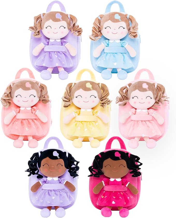 Gloveleya Toddler Backpack Baby Girl Gifts Plush Bag Diaper Bag with Spring Girls Doll Curly Hair Girl Toys with Love Pink