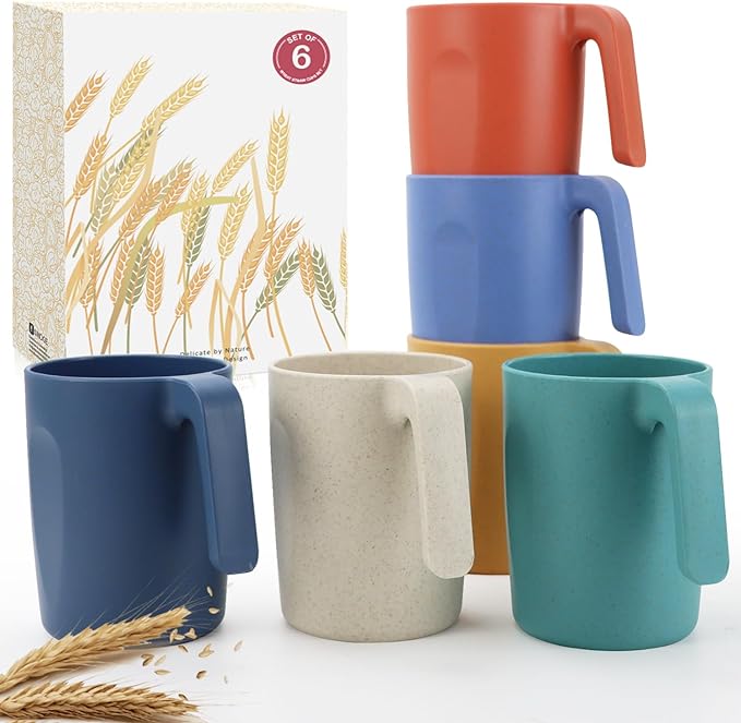 16oz Wheat Straw Cups with handles set of 6-Plastic Cups Reusable-Unbreakable Kids Mugs-Dishwasher Safe & Microwave Safe-Ideal Plastic Mugs for Tea,Coffee,Camping,RV-Vibrant Color