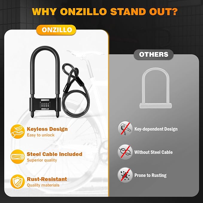 Bike Lock, Heavy Duty Bicycle Locks Anti Theft with Security Steel Cable, 4-Digit Resettable Combination U Lock 16.5mm Shackle, Combo Long Bike U Lock Keyless for Bike MTB Road Outdoor & Door