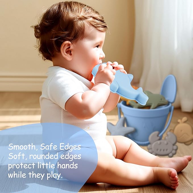 Baby Beach Toys for Toddlers 1-3, Collapsible Silicone Beach Bucket Shovel Set with 6 Sand Molds, Toddler Sand Toys for Kids, Boys, Girls, Travel (Blue)