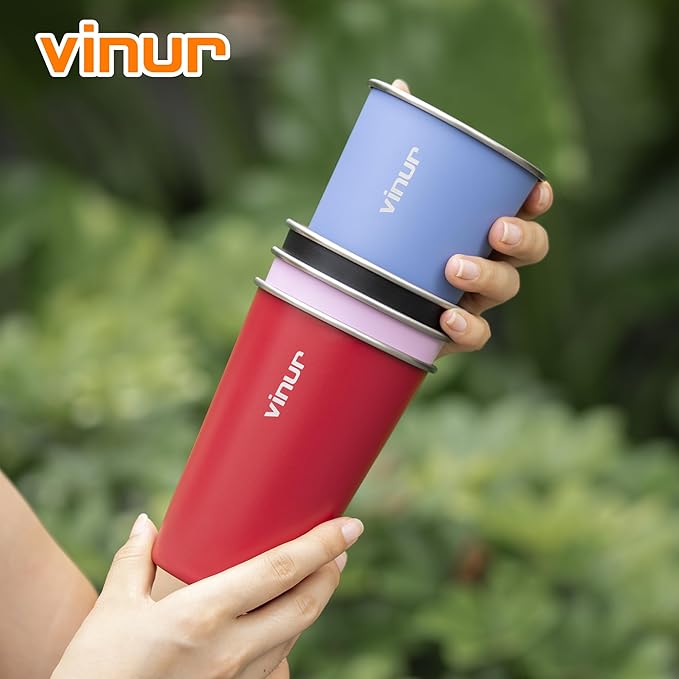 VINUR 16 oz Stainless Steel Cups 4 Pack Pint Tumbler Stackable Metal Drinking Glasses for Travel, Camping, Outdoors (Royal Blue-Canyon Red-Black-Purple Pink)