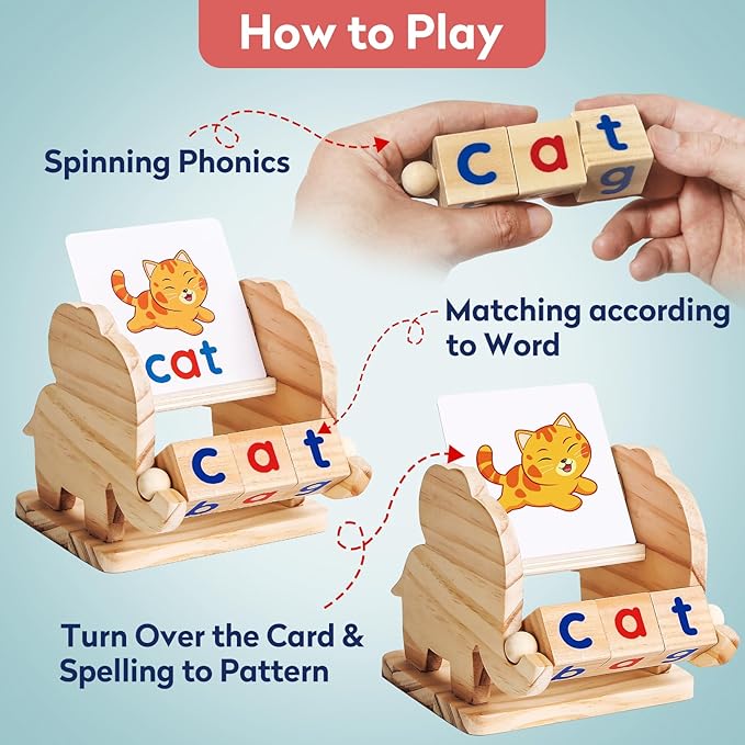 Montessori Learning and Educational Toys Gifts for Kids 3 4 5 Years, Wooden Reading Blocks Toys, Learning Activities for Preschool Kindergarten, Turning Rotating Matching Flash Card Games