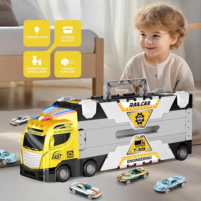 65-Inch Race Car Tracks and 20 Car Toys for Kids Boys Toddlers, Boy Toddler Toys Trucks for 3 4 5 6 7 8 Years Old Kids with Lights Sounds, Truck Toys Gift for 3 4 5 6 7 8 Years Old Boys Girls