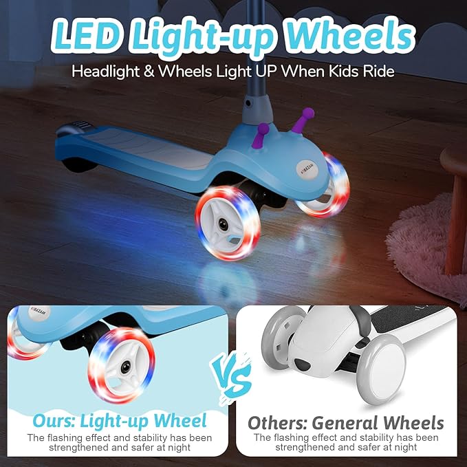 Electric Scooter for Kids Ages 3-8, 3 Wheel Kids Electric Scooter with LED Light-up Wheels, 3 Height Adjustable, C-Shaped Handle, Lean-to Steer Design, Best Children's Gifts