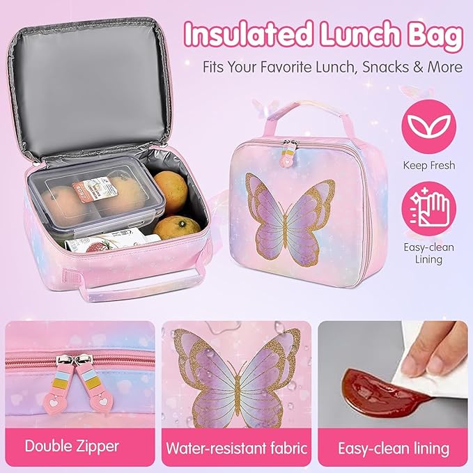 Cokouchyi 3 Pcs Kids Backpack Set with Lunch Box & Pencil Case, Lightweight Preschool Backpack for Girls Age 3-8, Kids Book bag Elementary, Butterfly