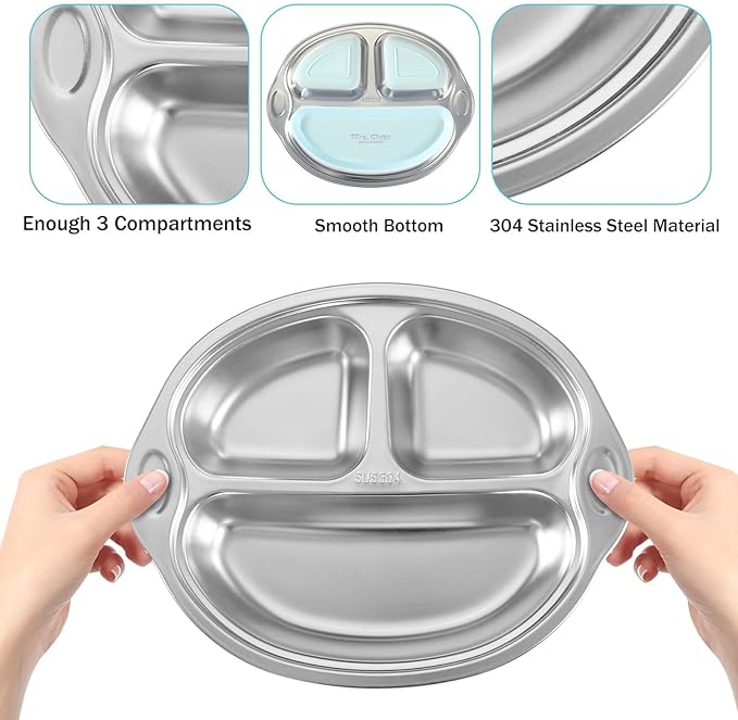 Mrs. Chou® Stainless Steel Kids Plates Suction Plates Divided Baby Plates Toddler Plate, Ideal for Infant Baby-Led Weaning Bowls Non-Toxic Feeding Supplies Dishwasher Safe BPA-Free 100% Food-Grade