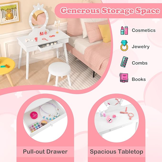 HONEY JOY Kids Vanity with Lights, Princess Wooden Makeup Table & Stool with Drawer, 3-Color LED Lights, Toddler Dressing Vanity for Little Girls, Pretend Play Kids Vanity Table and Chair Set (White)