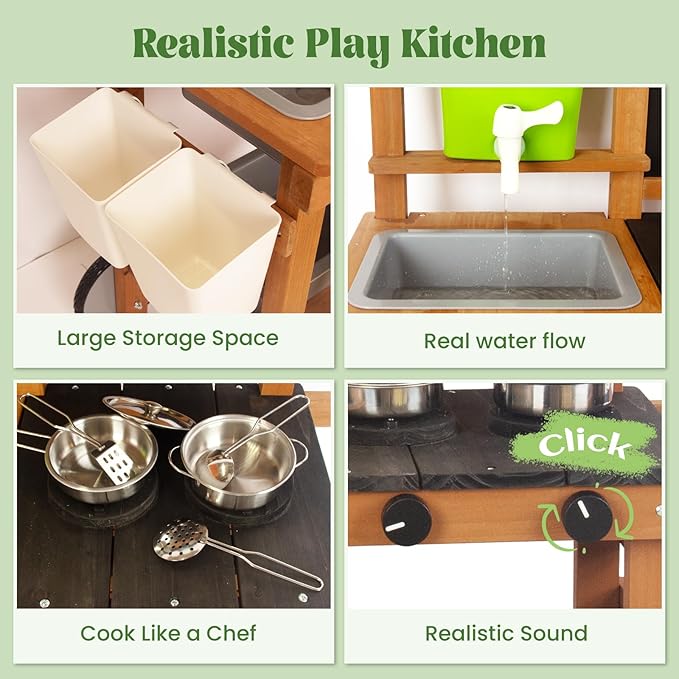 Kitchen Playset for Kids Ages 3-8, Wooden Pretend Play Kitchen for Toddlers, Including Telephone, Ice Maker, Refrigerator, Dimensions: 35” H x 31” W x 12” D (Brown)