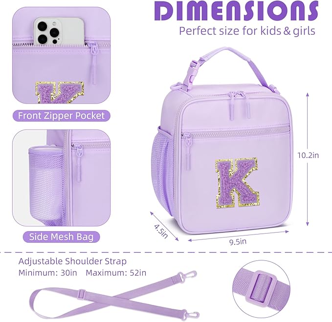 Initial Insulated Lunch Bag for Girls Kids, Back to School Gift, Reusable Leak-proof Lunch Box with Adjustable Strap for School Daycare Travel Picnic (Purple,K)