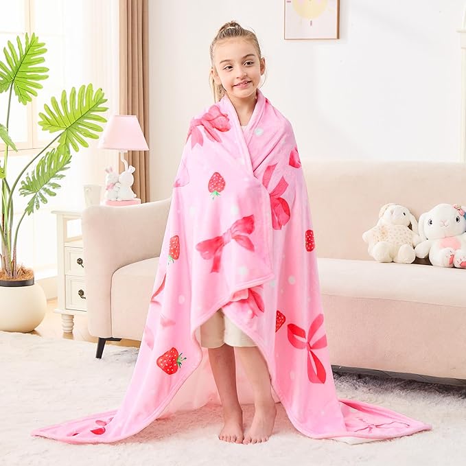 Wajade Strawberry Bow Gifts for Boys Girls - Strawberry Bow Blanket Birthday Christmas Decor for Kids Age 3 4 5 6 7 8 9 10 11 12 Years Old Teens Child Toddler Throw Light Grey 50"x60"
