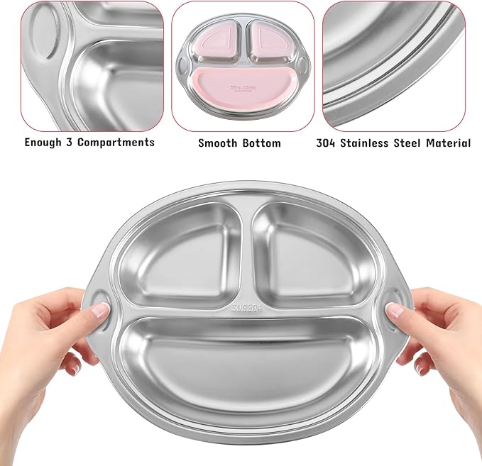 Stainless Steel Baby Suction Plates: Divided Plates for Babies and Toddlers, Made of 100% Food-Grade Materials Ideal for Baby-Led Weaning BPA-Free Toddler Feeding Dishwasher Safe PINK
