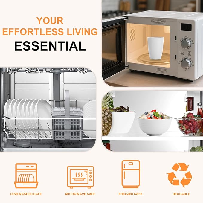 Plates and Bowls Sets for 8, Unbreakable & Lightweight Wheat Straw Dinnerware Sets 32 PCS, Microwave Safe Dishes Set for 8, Dinner Plate, Kitchen Cups and Bowls for Outdoor- White