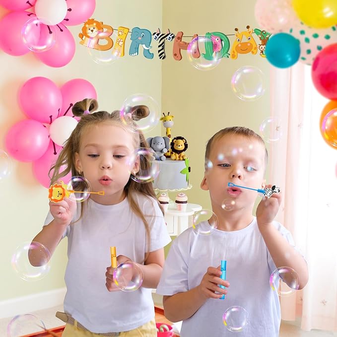 24 Jungle Animal Party Favors Bubble Wands for Kids, Lion Fox Zebra Giraffe Safari Mini Bubbles Wand Toys, Woodland Theme Birthday Party Supplies Goodie Gift Bag Stuffers Pinata Classroom Prizes