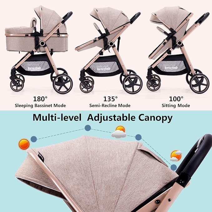 2-in-1 Baby Stroller - Folding Infant Newborn Pram Stroller with Reversible Seat - Toddler Strollers for 0-36 Months Old Babies (Beige)