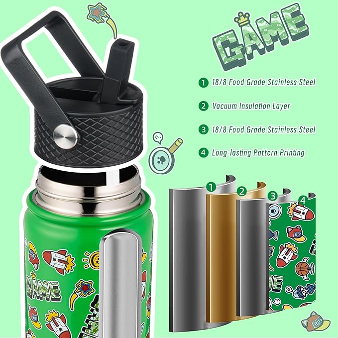BJPKPK Insulated Water Bottle with Straw Lid, 22 oz Stainless Steel Metal Water Bottles, Reusable Leak Proof BPA Free Water Bottles, Cups, Thermo, Game