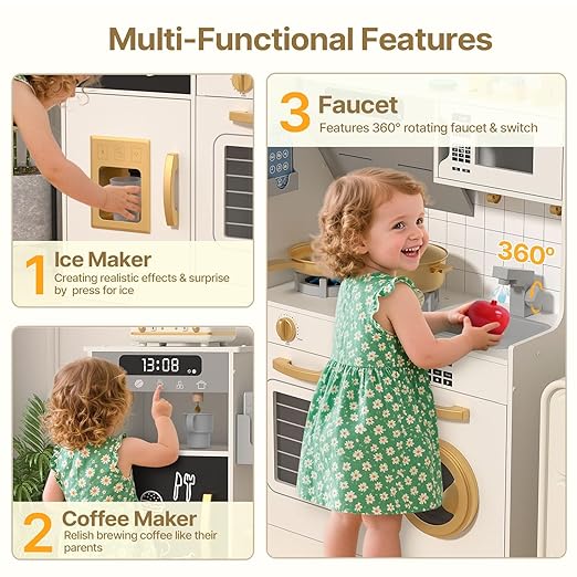 BIERUM Play Kitchen - Kids Kitchen Playset with Realistic Lights & Sounds, 28 Pcs Toy Food & Cookware Accessories, Plenty of Play Features, Idea Gift for Boys and Girls Ages 3+