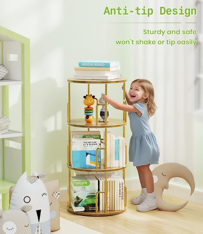3 Tier Rotating Bookshelf Tower Round Gold,37” Floor Standing Spinning Bookshelf Tower Anti-Tipping Design,Metal & Wood Revolving Bookcase Stackable Space Saving for Small Spaces,Study,Living Room